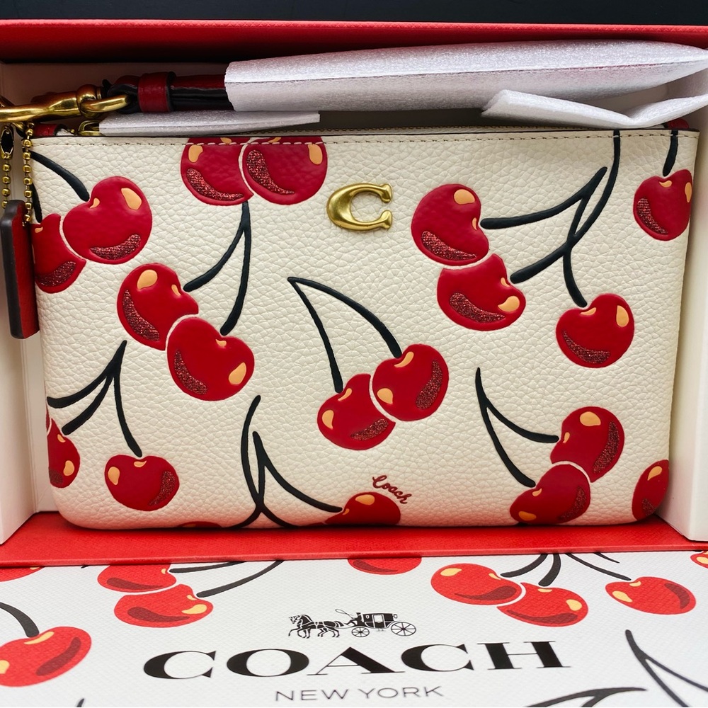 Coach Boxed Essential Small Wristlet with Cherry Print Brass/Chalk Multi